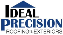 Logo for Ideal Precision Roofing & Exteriors, with Ideal in black, Precision in blue, and a blue roof graphic above the text. Roofing & Exteriors appears below in smaller black letters.