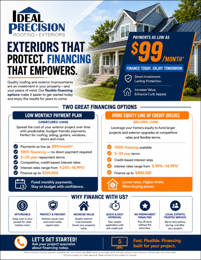 Ideal Precision Roofing and Exteriors payment plan options: low monthly payment plan and home equity line of credit